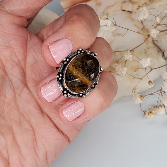 Natural Raw Tiger Eye Stone Silver Ring - Picture 3 of 6